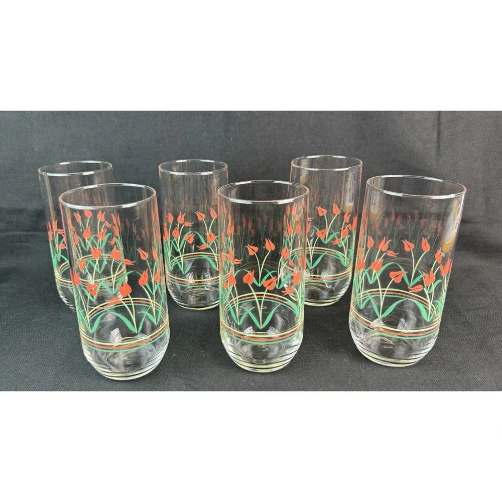 Lot Of 6 Vintage Coral Tulip 12 oz Highball Glasses
